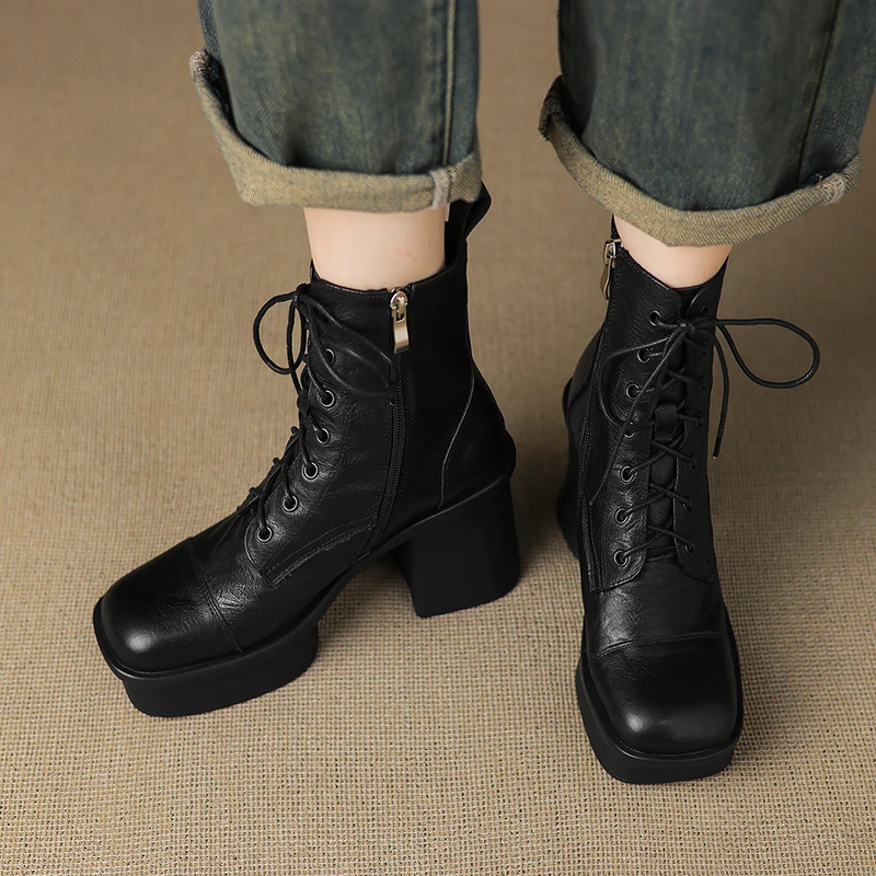 

Новинка 2026, осенне-зимние женские ботильоны из натуральной кожи, обтягивающие ботинки из воловьей кожи высотой 22-24,5 см с квадратным носком и шнуровкой на боковой молнии на толстом каблуке