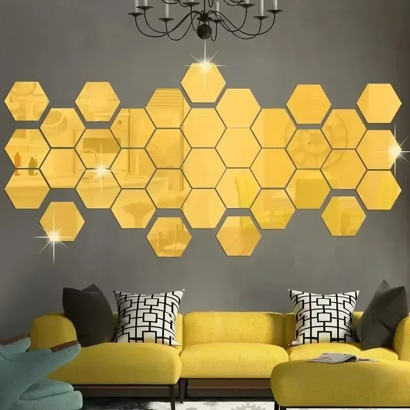 100/1x 3D Mirror Wall Sticker Hexagon Acrylic Mirror Removable Art Wall Decals Self-adhesive Gold Silver Solid Paster Room Decor