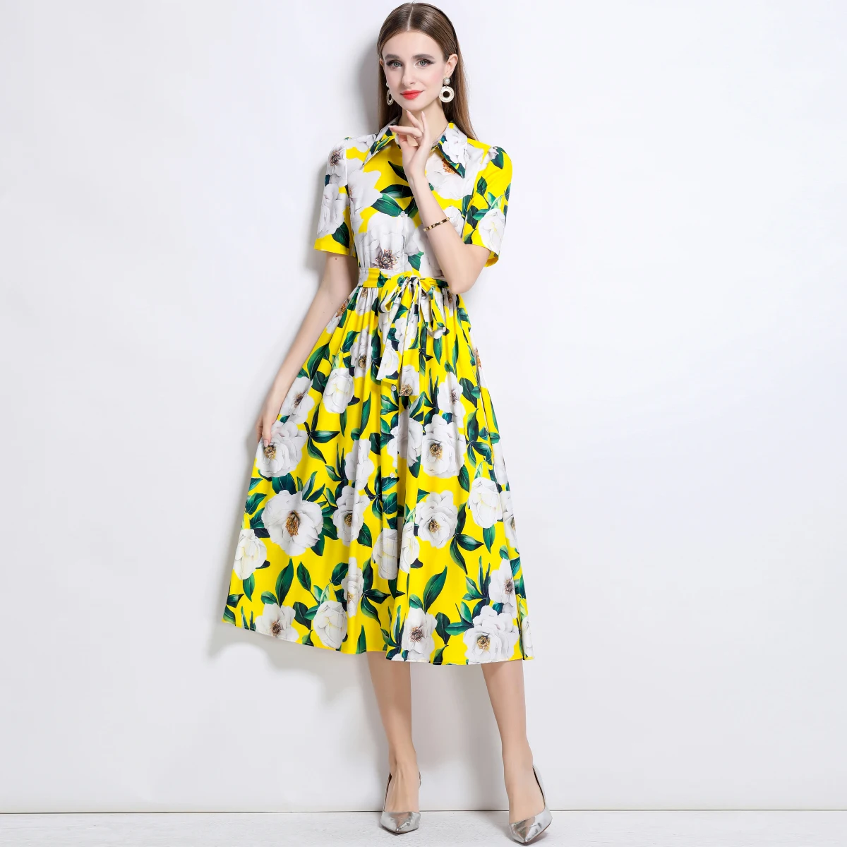 ZJYT Runway Fashion Summer Yellow Flower Print Shirt Dresses for Women Short Sleeve Single Breasted Casual Midi Dress Vestidos