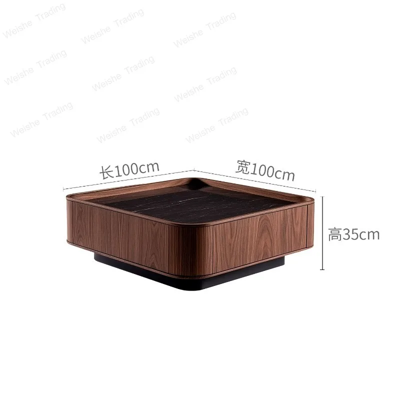 Italian minimalist walnut solid wood coffee table square marble surface with drawer storage, living room square table