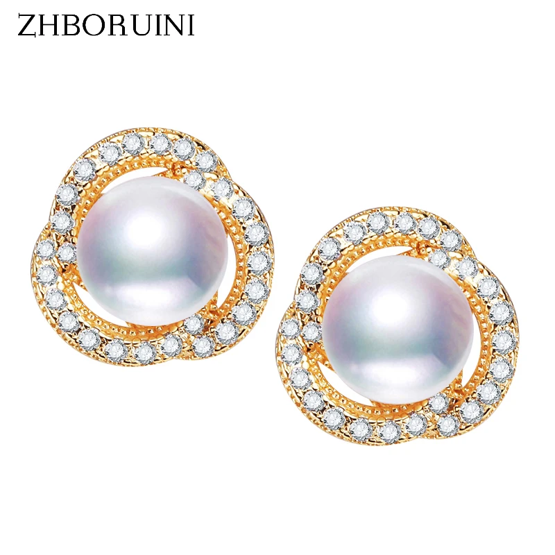 

ZHBORUINI 2024 Fine Pearl Earrings Gold Stud Earring AAAA Zircon Mosaic 14k Gold Plating For Women Real Natural Pearl Jewelry