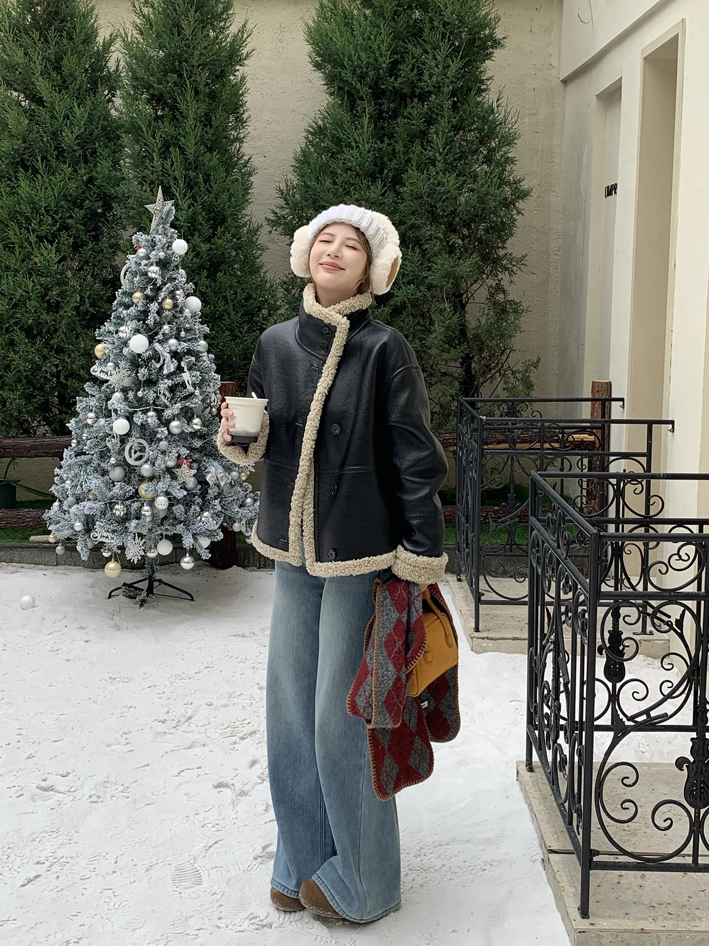 ELINSU Chaqueta de Piel de Cordero Reversible para Mujer, Cuello Vintage Hoado, Abrigo Corto de Cuero PU, Cálido y ueso, ...