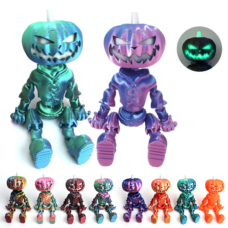 New Halloween 3D Printing Pumpkin Skeleton Toy Model Joints Movable Novelty Light-emitting Desktop Small Ornaments Toys