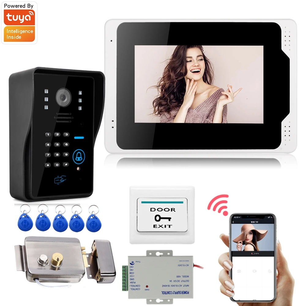 Tuya 7 Inches Touch Screen Smart Home Video Intercom System WiFi Door Entry Phone Access with 1080P Wired Doorbell Camera