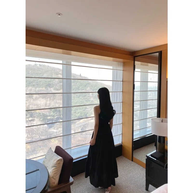 Korean Fashion French Off Shoulder Dress Pleated Lace-up Slim Fit Knee Length Dress Design Elegant Sleeveless Womens Dresses