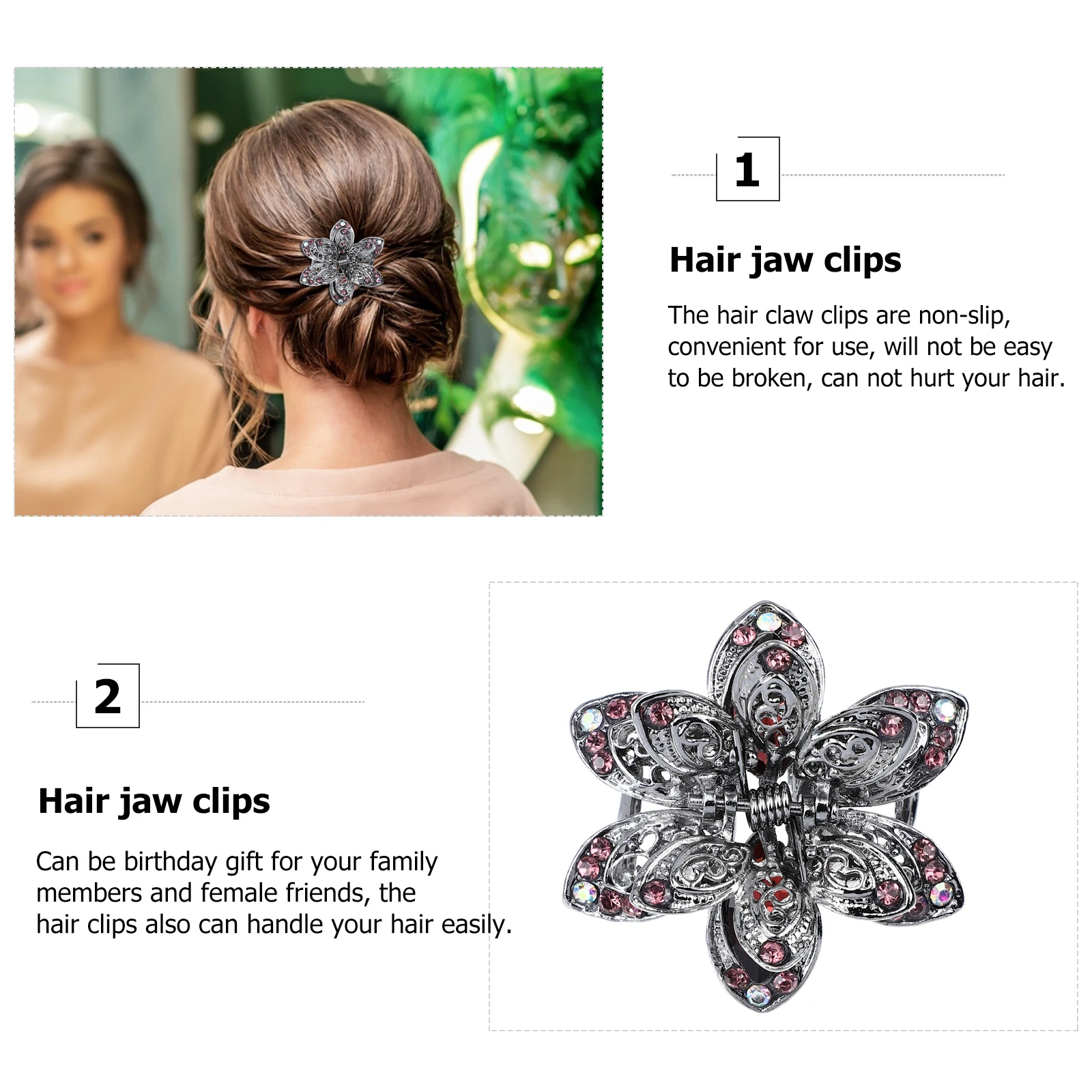 

2pcs Crystal Point Hair Clips Metal Jaw Vintage Alloy Lightweight Non Slip Suitable Hairstyles Hair Accessories Claw Holders