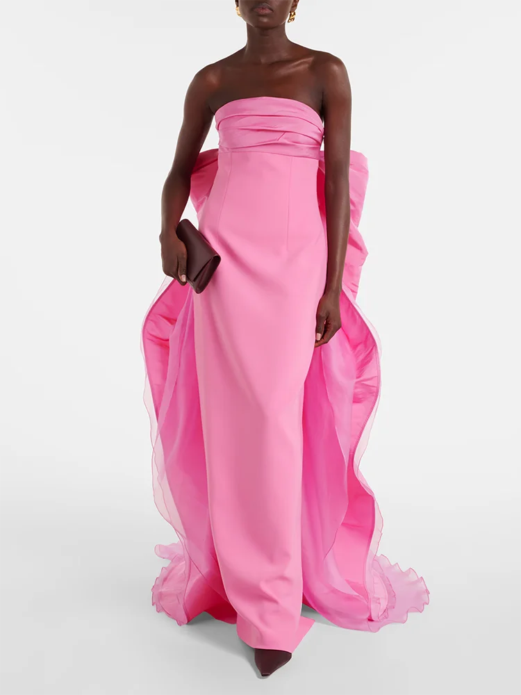 Abiti lunghi rosa senza spalline con fiocco oversize – Abito senza schienale con strascico lungo Abito da ballo per celebrazioni di compleanno, laurea scolastica