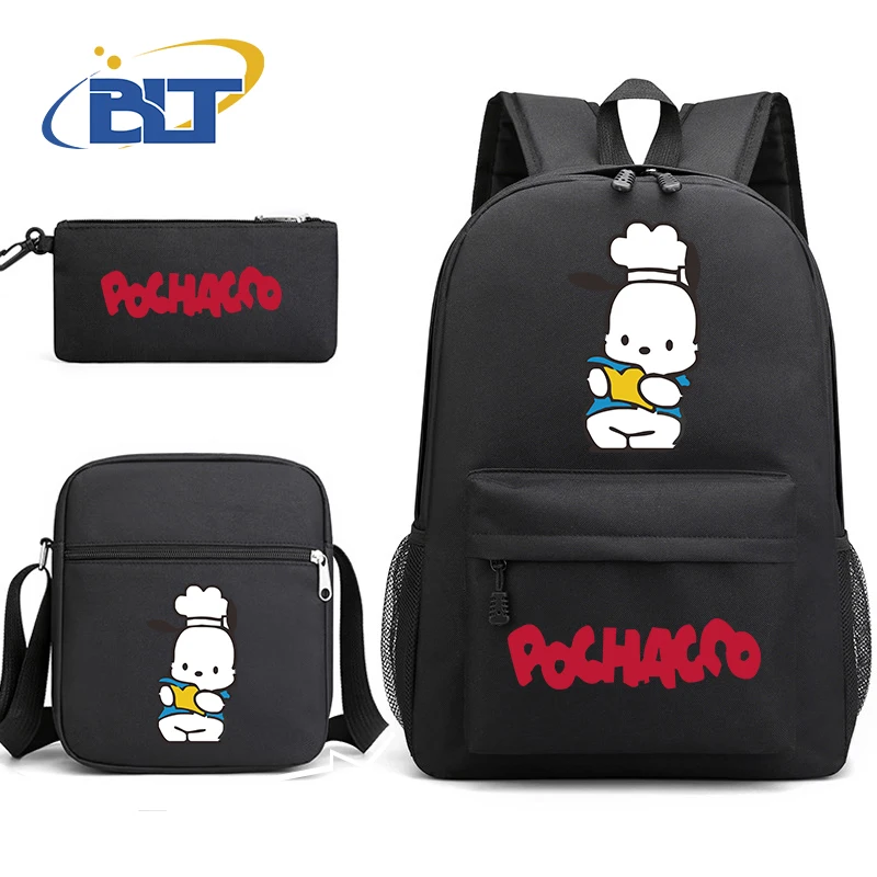 Conjunto de bolsa escolar de estudante estampada MINISO Pochacco mochila infantil bolsa de ombro estojo de lápis conjunto de três peças