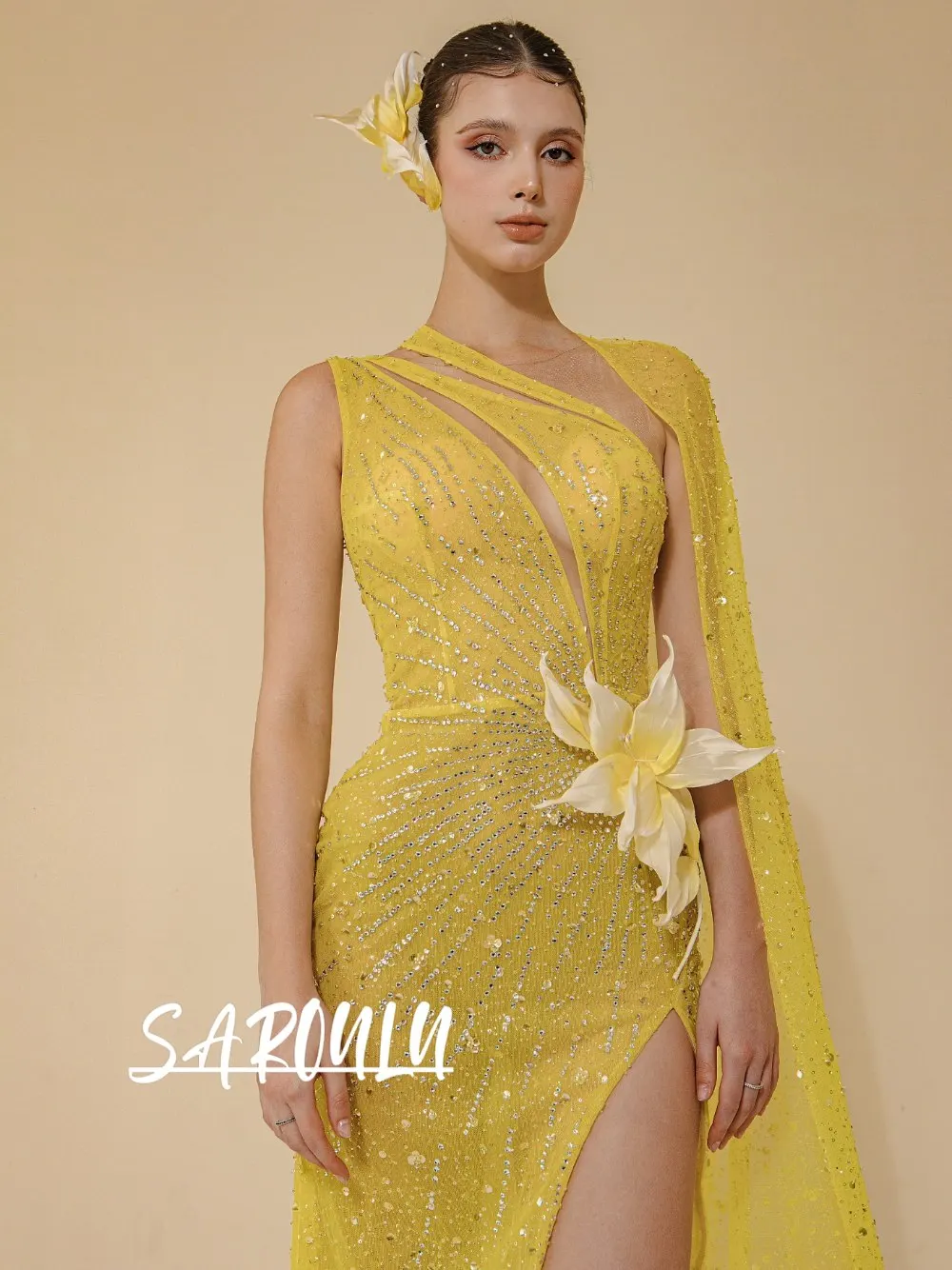 

Lemon Yellow Sequin Mermaid Evening Dress One Shoulder Cape Sleeve Sexy Deep V High Slit Formal Party Gown With 3D Flower