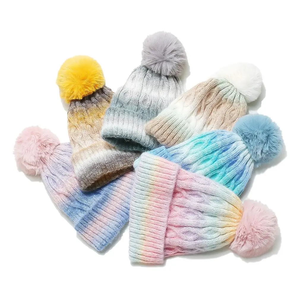 Cute Thickened Beanie Hat with Faux Fur Pompon Ball Gradient Striped Pattern Ski Cap Keep Warm Ear Protection Hat