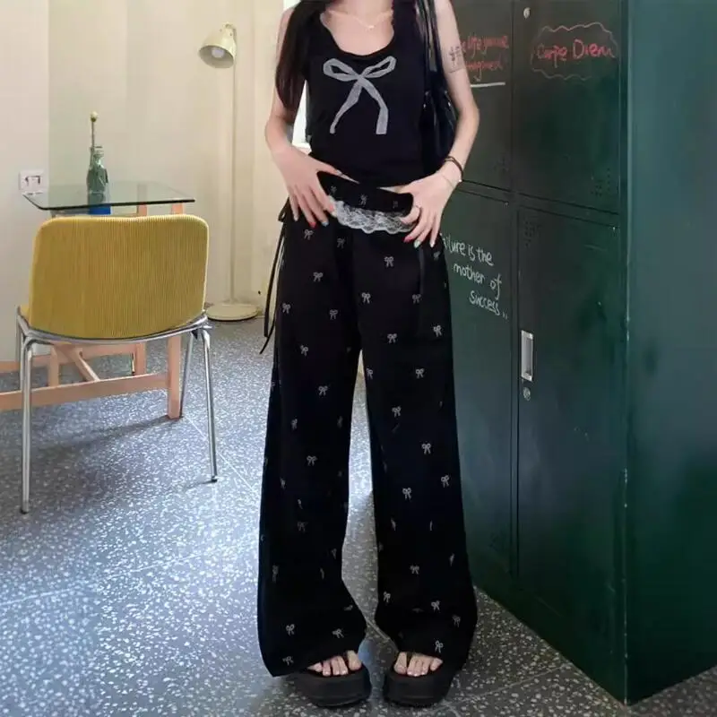 Süße Heiße Mädchen Lesben Patchwork Casual Hosen Bowknot Hosen frauen Frühling Sommer Elastische Taille Breite Bein Hosen Gerade Hosen