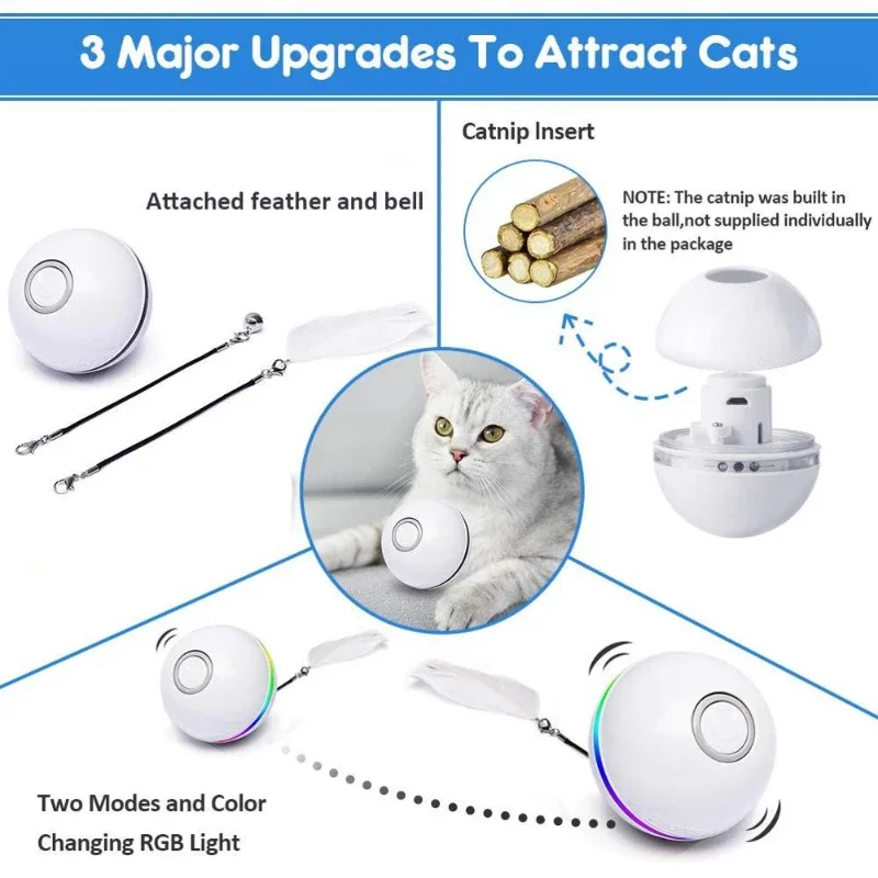 Automatic Smart Cat Toys Ball with Feather Bell Interactive Catnip USB Rechargeable Self Rotating Colorful Led Toys For Kitten