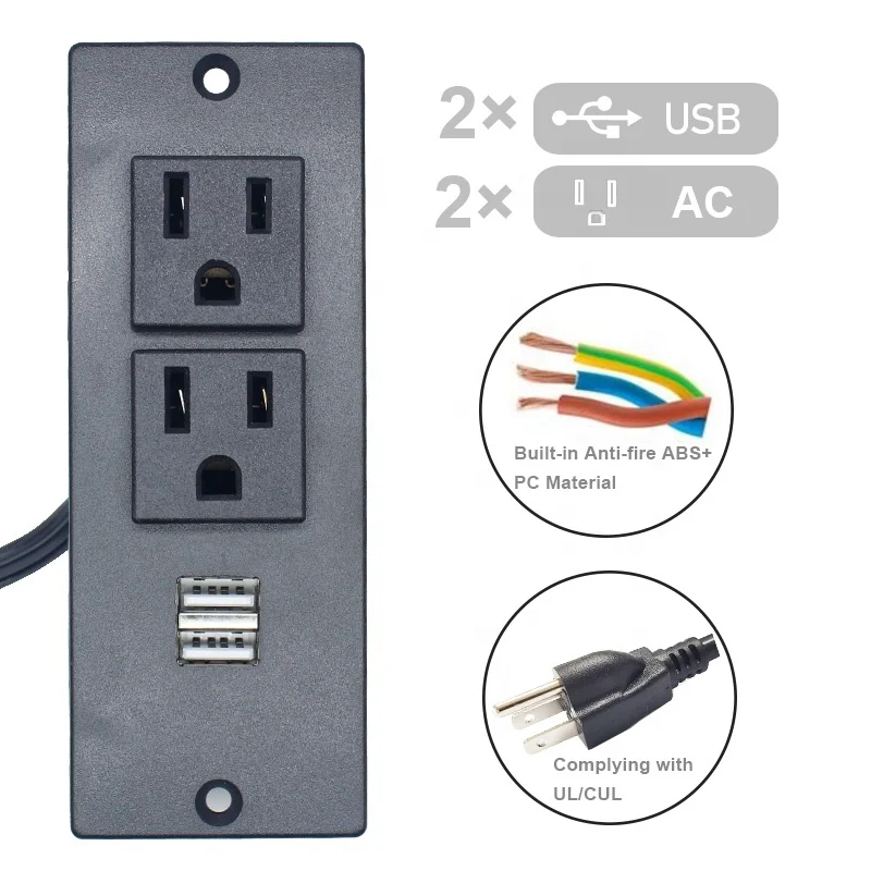 Bureautafel 2 UITGANGEN INBOUW GEMONTEERDE SOCKET MET 2 USB 1a 2a POORTEN SPT2 SJT 3X16AWG 3X14AWG 1,5m 2m netsnoer