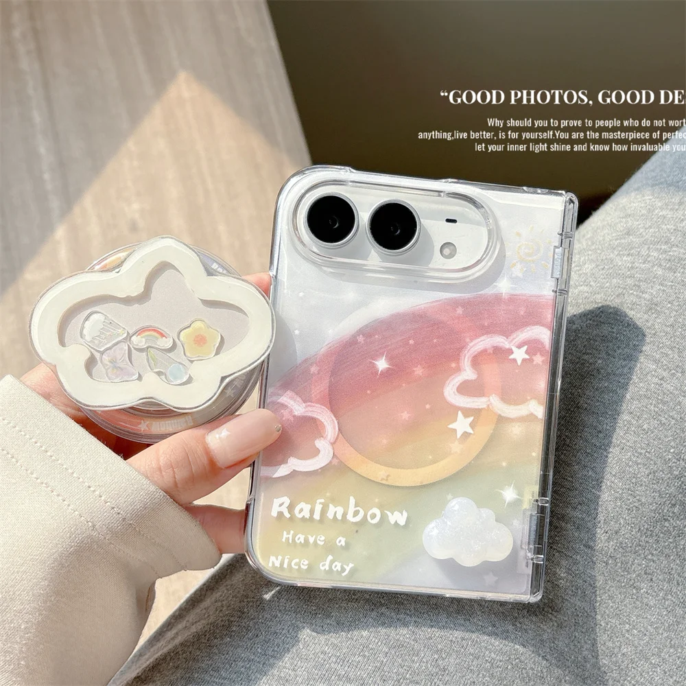 Korean Cute ins Rainbow Clouds Folding Phone Case For iPhone Duo With Magnetic Stand 3D Stars Shockproof cases For Magsafe