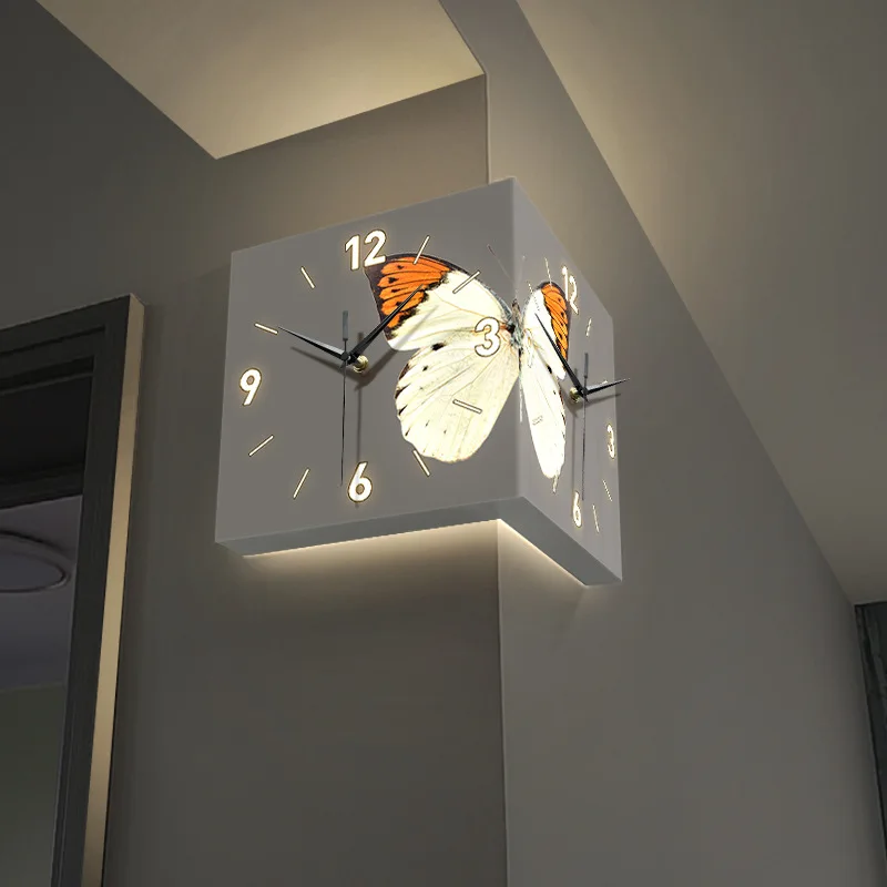 Butterfly double-sided corner wall clock, household living room wall corner luminous light without punching