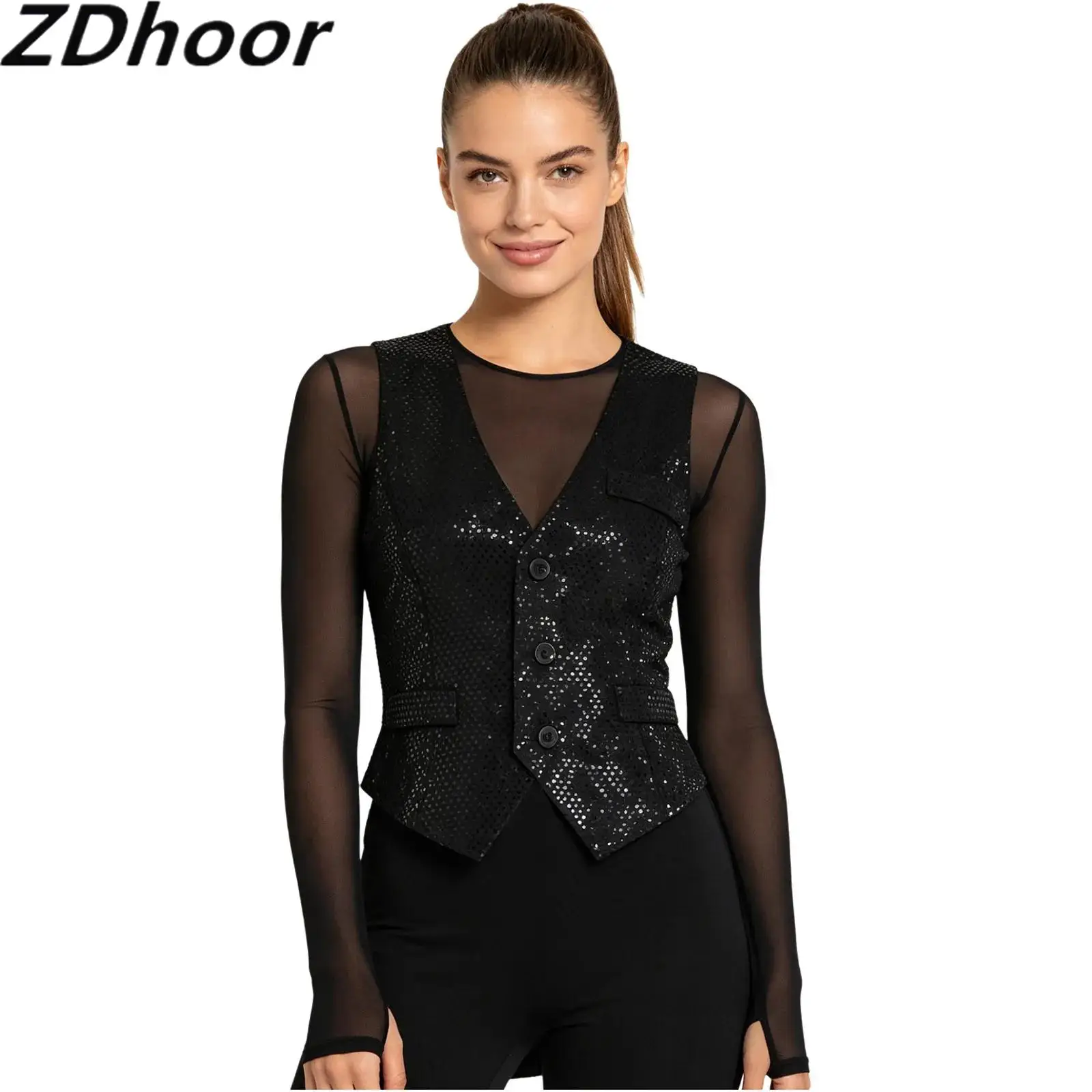 

Women Glitter Sequin Blazer Vest V Neck Pointed Hem Button-down Fully Lining Waistcoat Dance Tank Top Tango Latin Dancewear