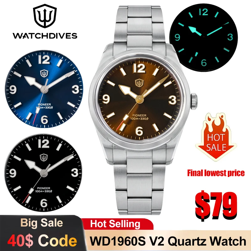 Watchdives WD1960S V2 Quartz Watch VH31 Sweep Movement NEW 36.5mm Sapphire Crystal  Luxury Watches 100m Waterproof Mens Watches