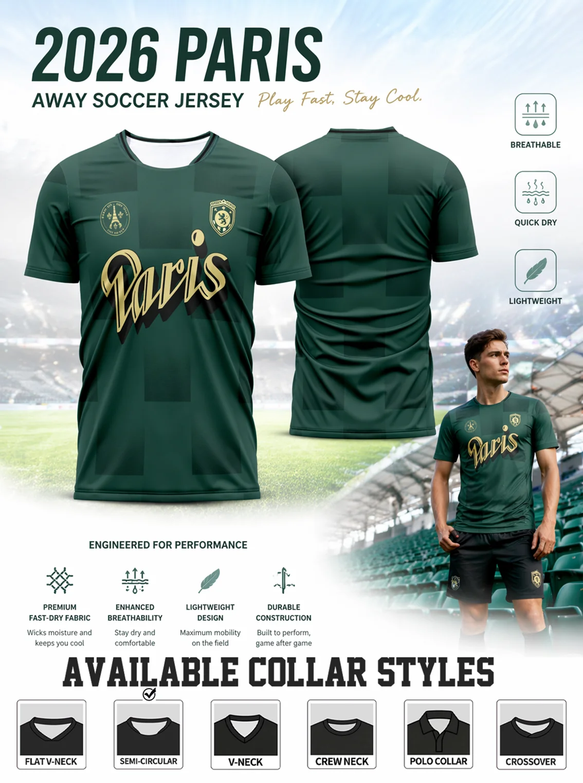 Dark‑checkered deep‑green Paris away jersey features gilded chest lettering presenting luxurious premium texture