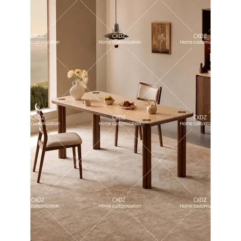 North American Black Walnut Solid Wood Dining Table with Rock Slab Countertop Long Restaurant Table Travertine Top Household