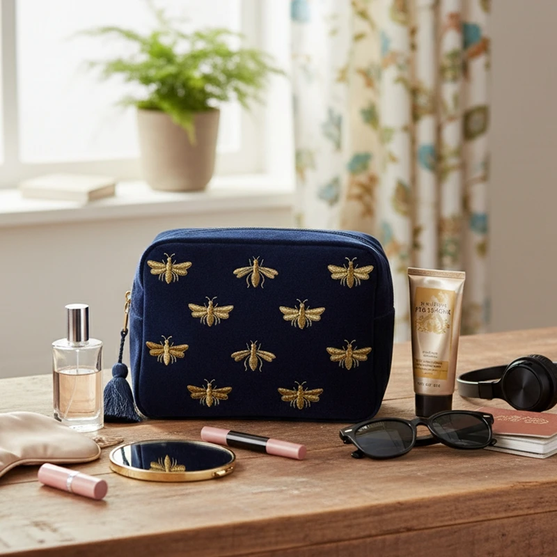 حقيبة مكياج محمولة مطبوعة برسوم كرتونية مخملية، منظم تخزين مستحضرات التجميل بسحاب، حقيبة غسيل للسفر، حقيبة مستحضرات التجميل