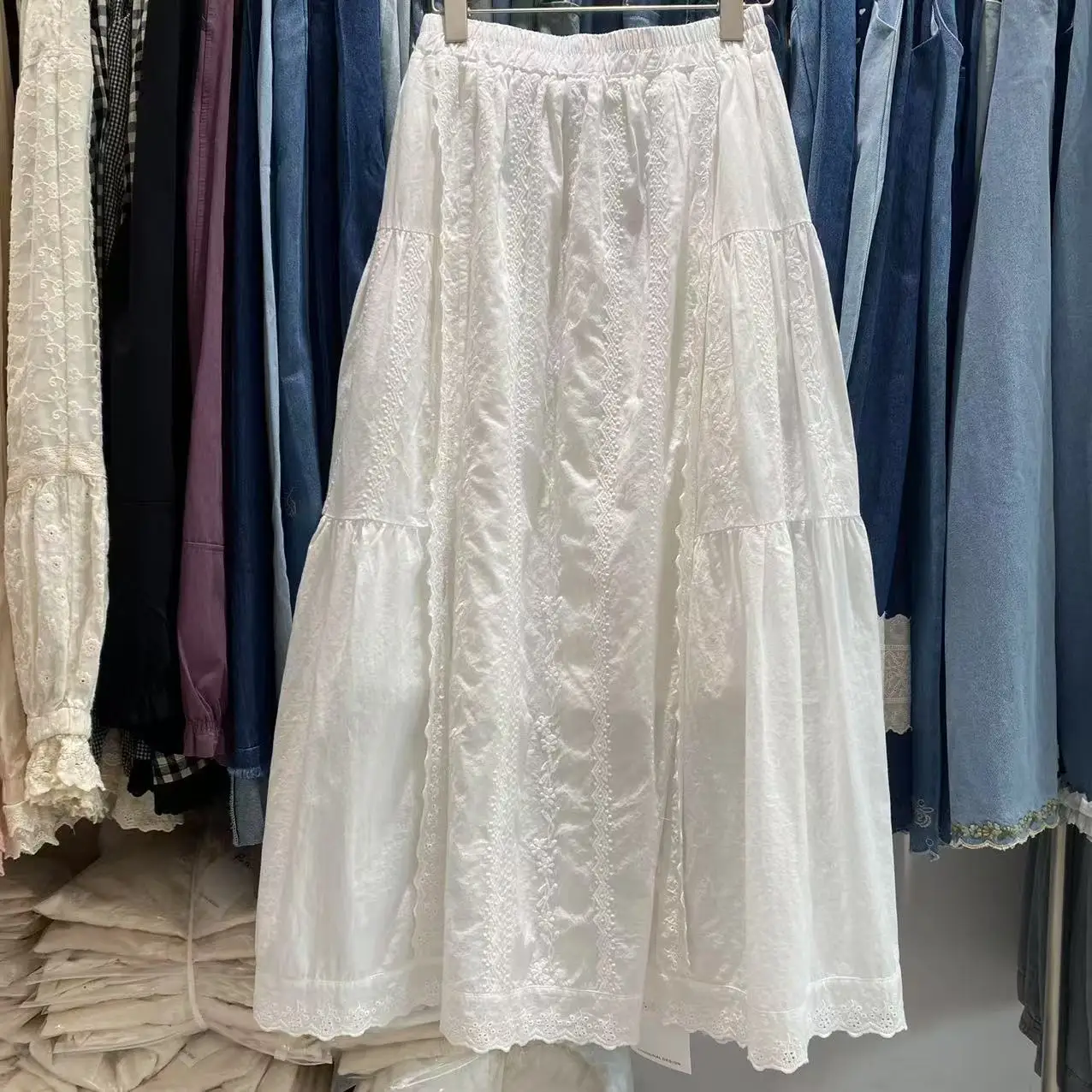 Women Solid Skirts Lace Spliced Skirt Ankle Lenth A Line High Elastic Waist Slight Strech Thin Loose Elegant Casual 2026 Summer