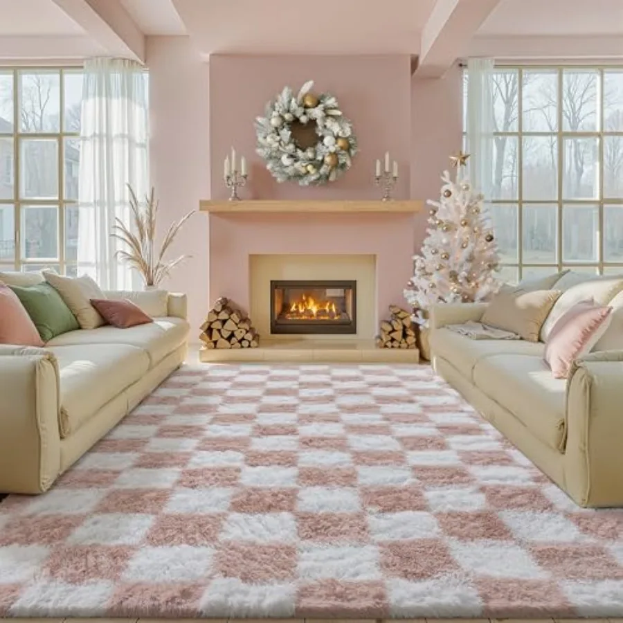 

Checkered Rug 8x10 for Living Room, Pink and White Shag Rug Super Soft, Washable, Non-Slip Fuzzy Carpet for Bedroom, Office, Ho