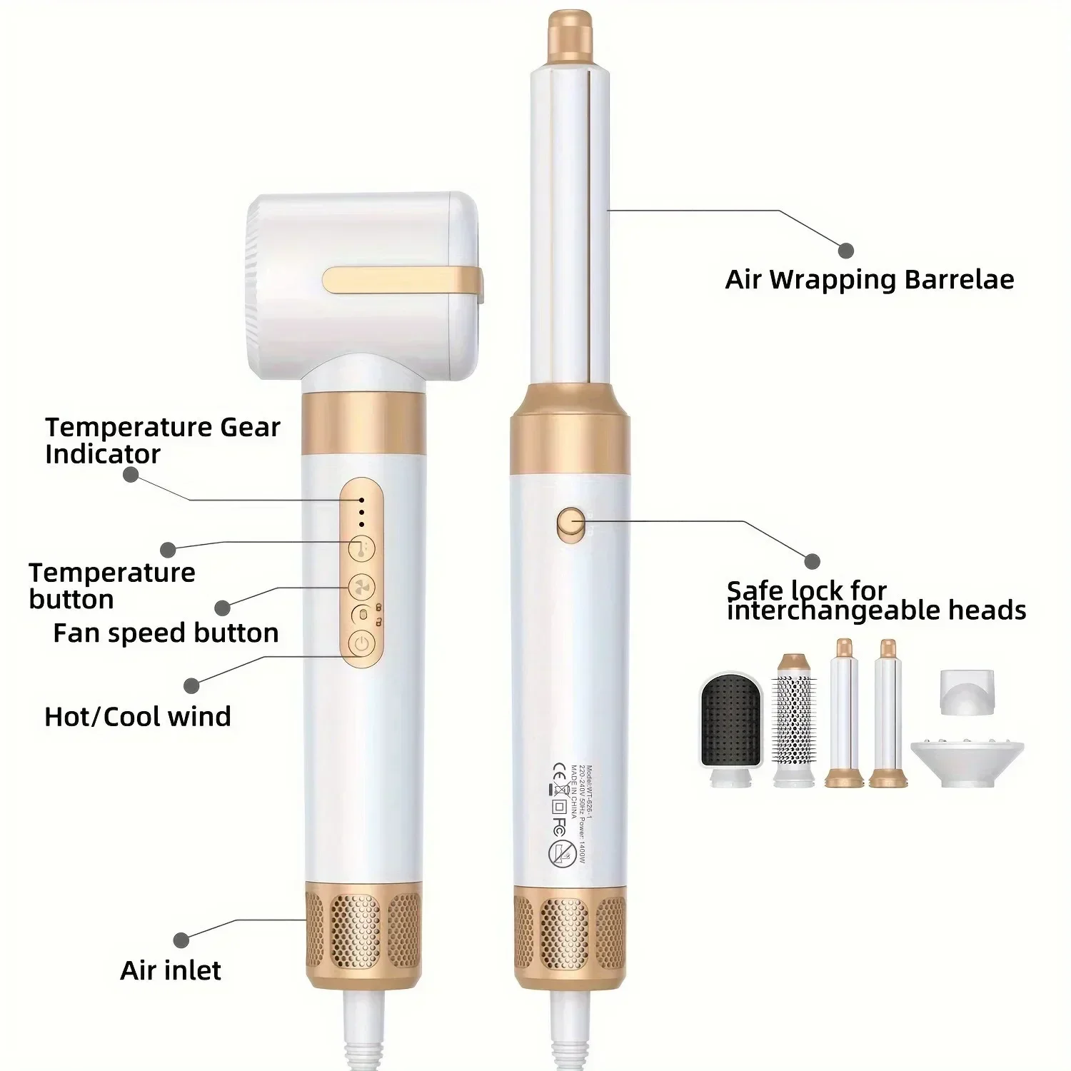 Secador de pelo multifunción 7 en 1, 1400W, potente alisador, cepillo caliente, juego de peine caliente, estilizador de pelo, rizador profesional