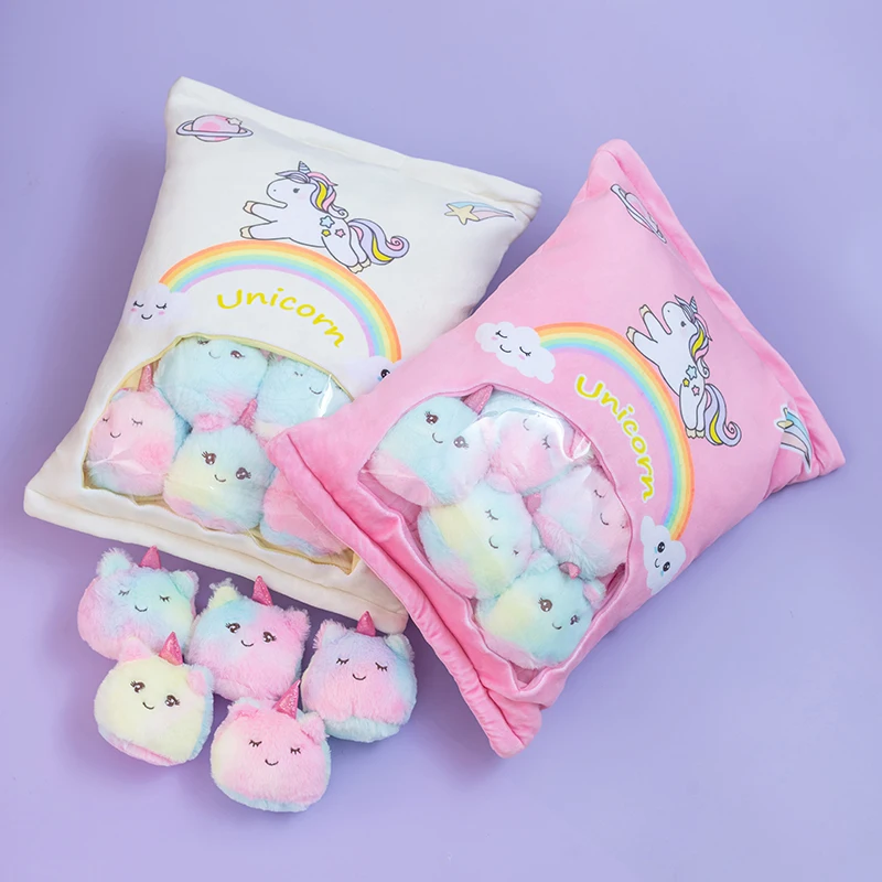 5pcs Mini Unicorn Plush Toy In A Creative Pillow Stuffed Rainbow Unicorn Pudding Snacks Stuffed Toy In A Cushion Kids Gift