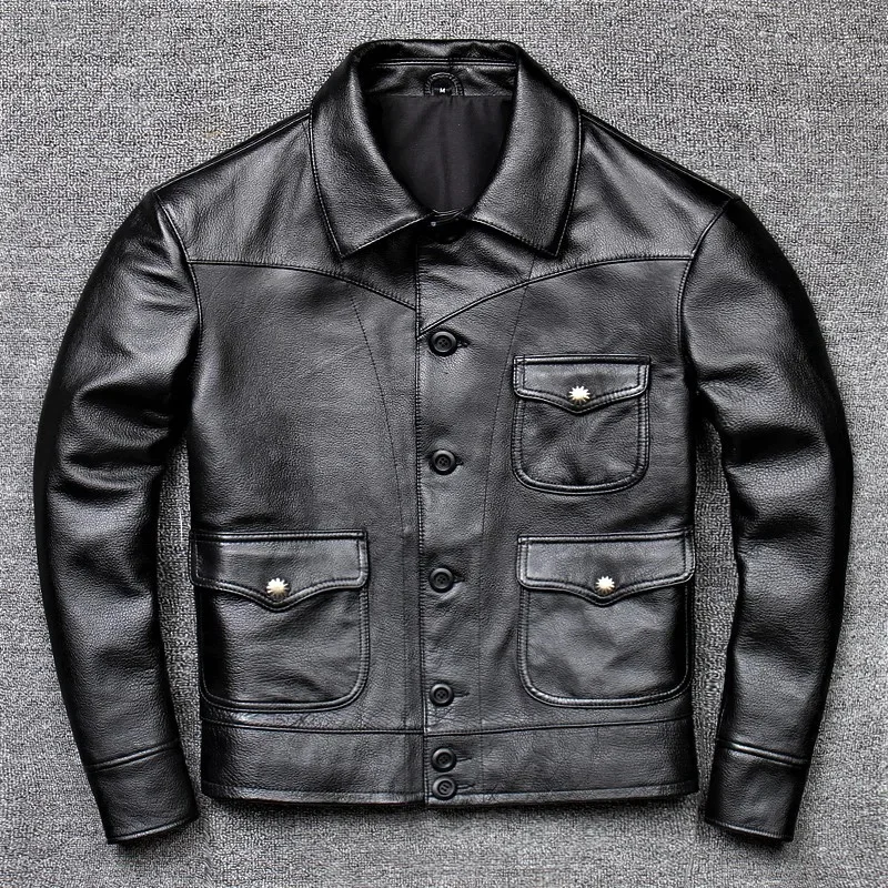 

YR!Free shipping.2024 new black cowhide jacket.Men genuine leather coat.casual slim Jacket.plus size clothes