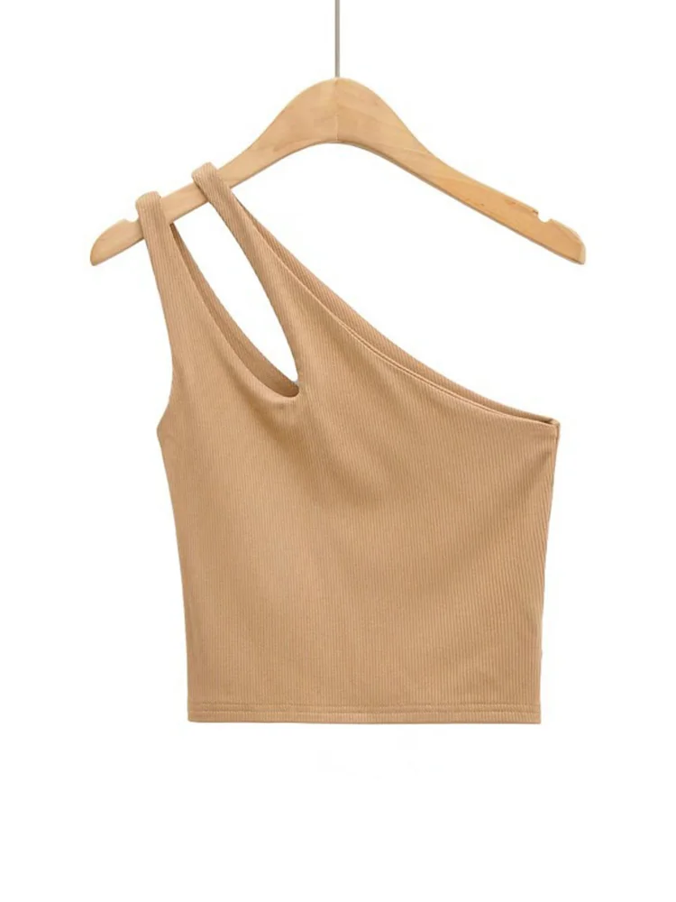 

2023 Sexy Women's Crop Top Solid Stretch Fit Knit Sleeveless One Shoulder Hollow Out Basic Backless Tank Top