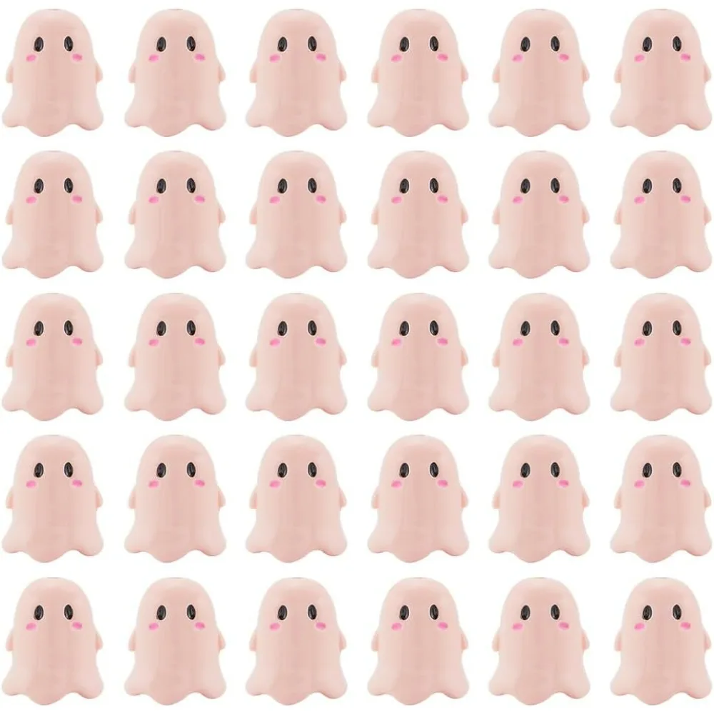 

1 Box 30Pcs Ghost Beads Bulk Halloween Cartoon Bead Pink Acrylic Opaque Holiday 3D Ghosts Shaped Loose Spacer Small 2mm