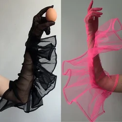 New Women Mesh Ruffle French Gloves Evening Dresses Accessories Adult Stage Costume Props Full Finger Tulle Gloves VDB4858