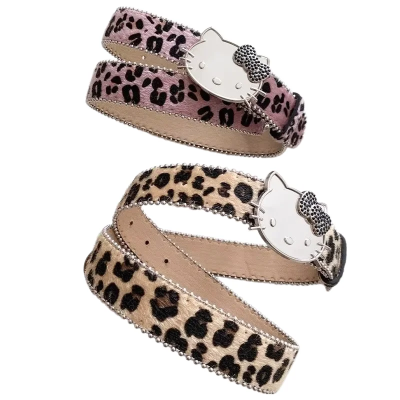 

Cartoon Pattern Hello Kitty Women's Leopard Print Belt Adjustable Fashion Wear Rhinestone Belts Jeans Clothing Accessories