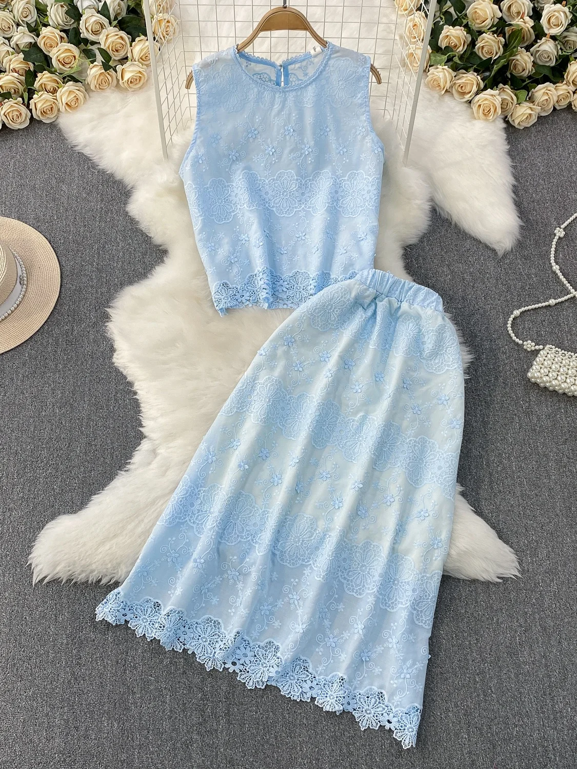 

Милый кружевной круглый жилет с вышивкой Ne Svel, топ плюс размер, утягивающая юбка с высокой талией, комплект из двух предметов, женский ансамбль Faion