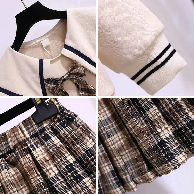 Korea School Uniform Autumn Blouse Shirt With Bow Tie High Waist Pleated Skirt 2PCS Japanese Style Student Skirt JK Outfits