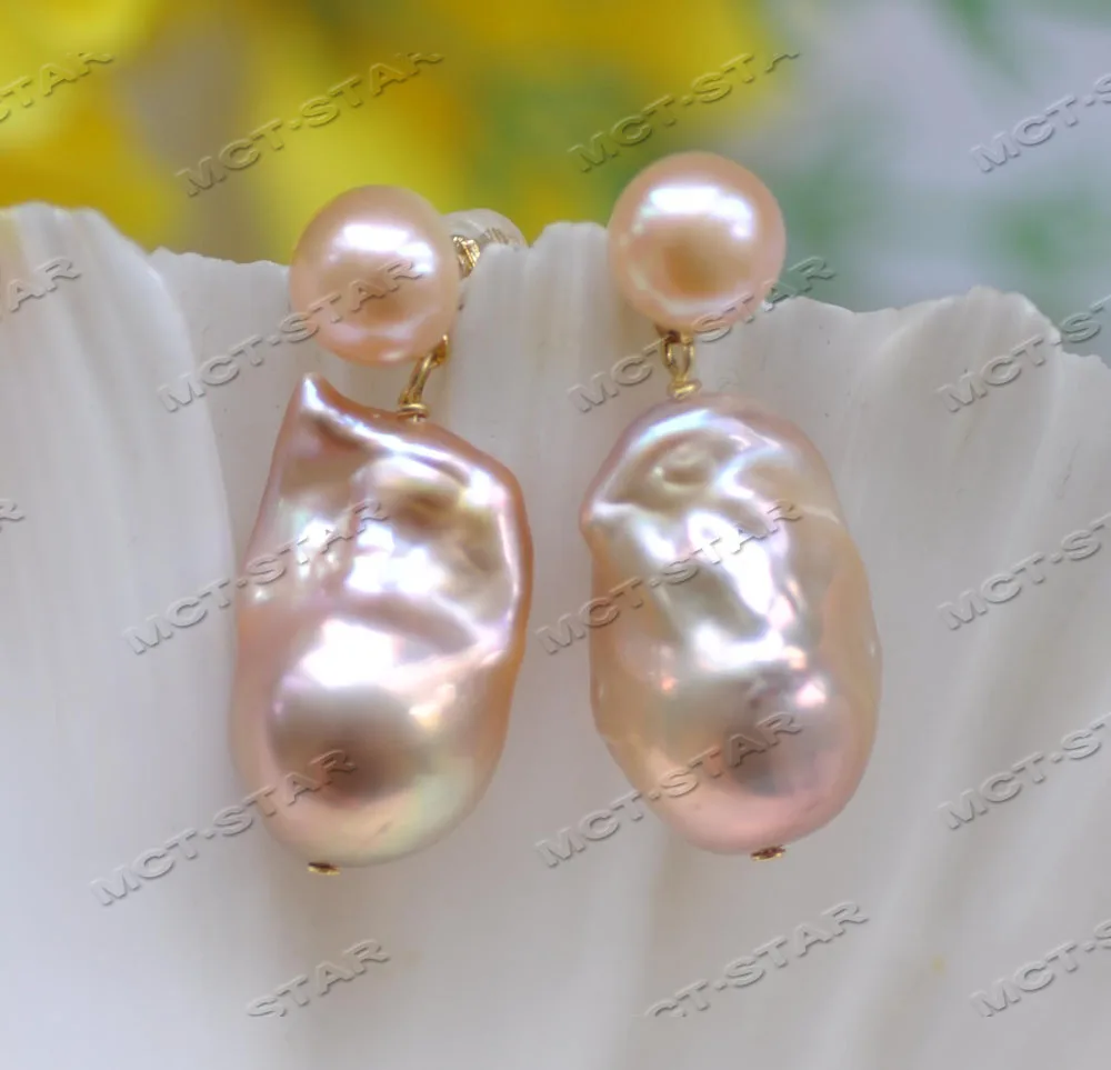 

Z12660 24mm pink Lavender Baroque Keshi Reborn Pearl Dangle Earring