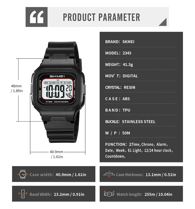 SKMEI 2343 العسكرية ساعة رقمية مقاومة للمياه للرجال الرياضة للصدمات رجالي ساعات المعصم LED Didplay ساعة تنبيه Reloj Hombre