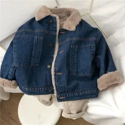 New Children's Denim Jacket For Autumn And Winter Boy Handsome And Plush Thick Jacket Girl Baby Korean Warm Coat