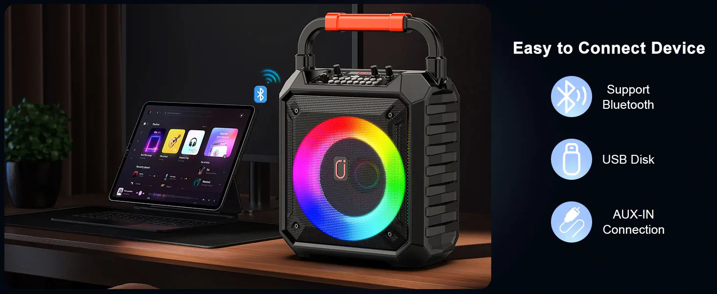 T17 Karaoke-Maschine mit 2 kabellosen Mikrofonen, tragbarer Bluetooth-Lautsprecher mit RGB-Licht, Karaoke-System für Karaoke, Hausparty – Detail 4