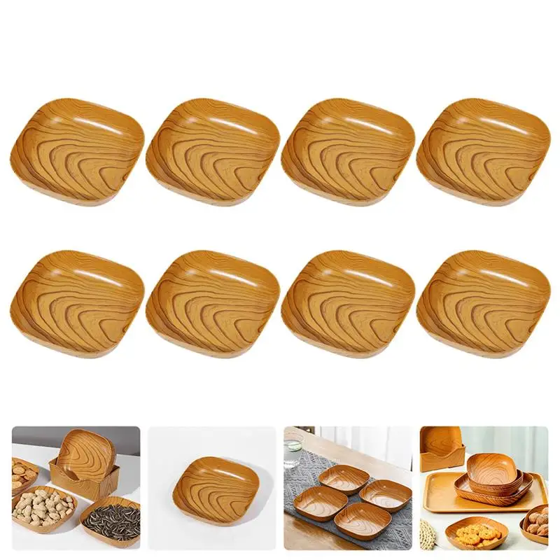 

8pcs Plastic Fake Wood Grain Pattern Serving Plate Dessert Snack Fruit Dish Household Serving Dish For Hotel Restaurant Kitchen