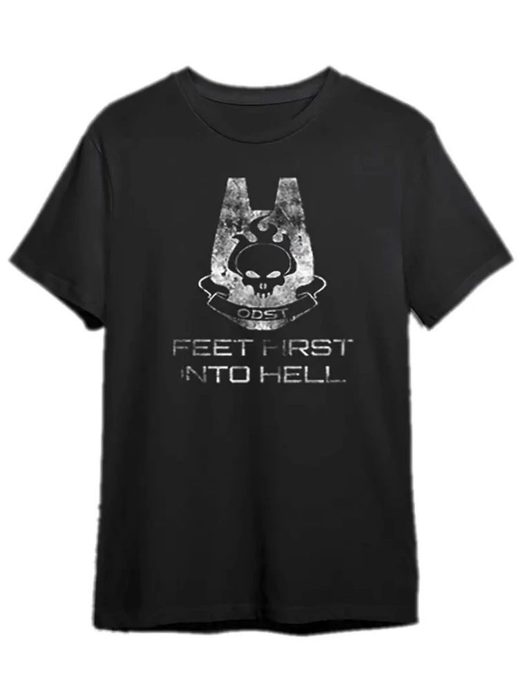 

"Foot into First Hell"Graphic with Skull and Horns Design-100% cotton summer O-neck short sleeve casual men's printed T-shirt.