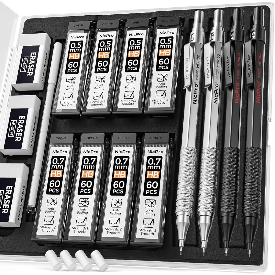 

4 Pack Metal Mechanical Pencil Set 0.5 mm 0.7mm with Case Artist Pencil MP1000 with 8 Tubes HB 2B Lead Refill 3 Eraser 9 Eraser
