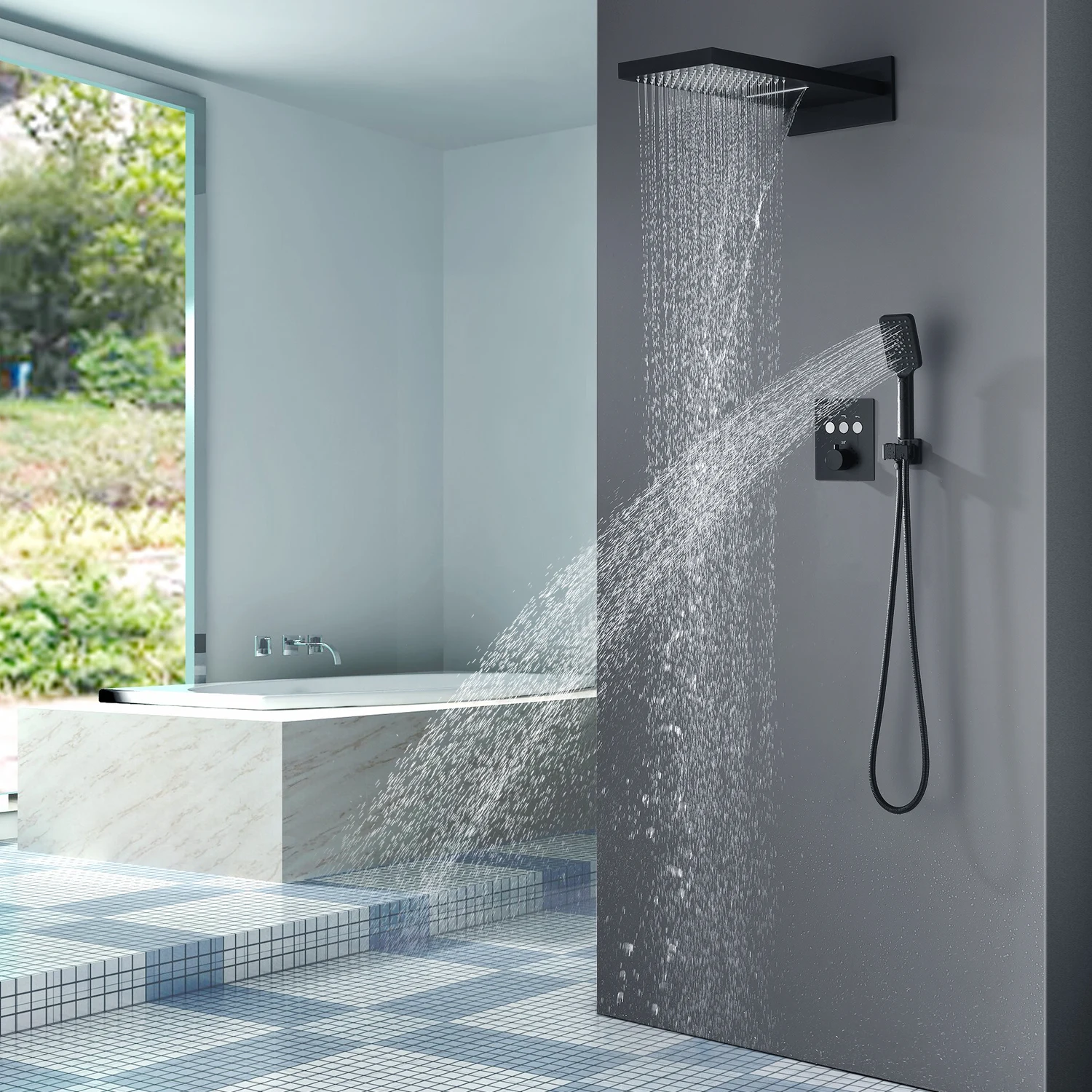 

hm Bathroom Bluetooth Music Shower System Set 22Inch Waterfall Rainfall Shower Head Button Touch Thermostatic Diverter Faucets