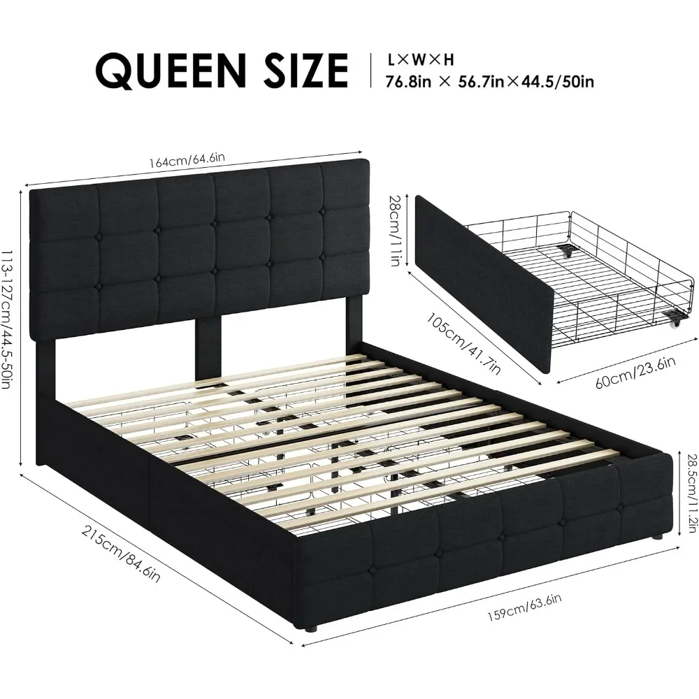 Queen Size Bed Frame with 4 Storage Drawers & Adjustable Button Tufted Headboard, Solid Wooden Slat Support，Bed Frame