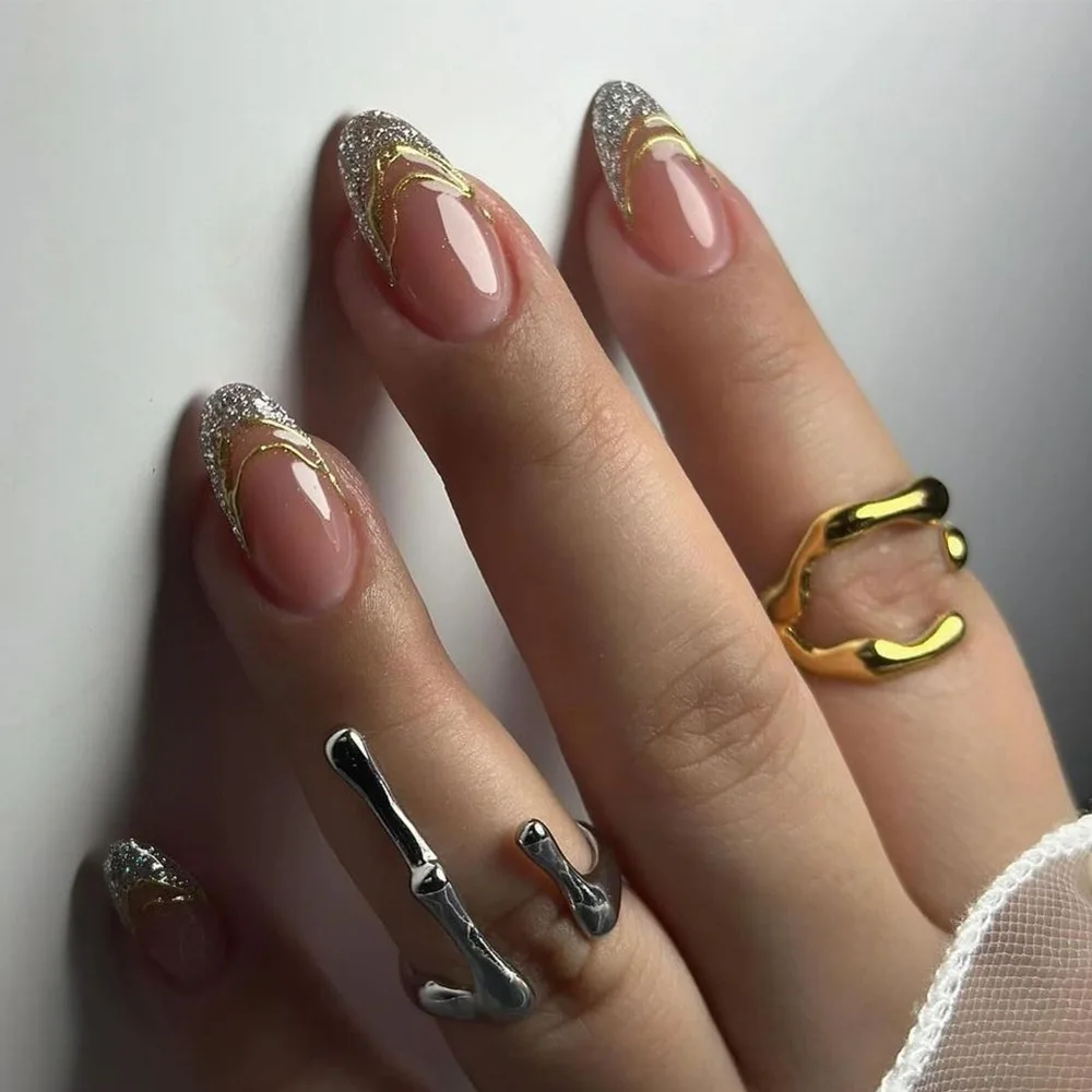 

24 Pcs Fashion Almond Acrylic Press on Nails for Girls 3D Gold Line Glitter French False Nails with Glue Nail Art with Charms