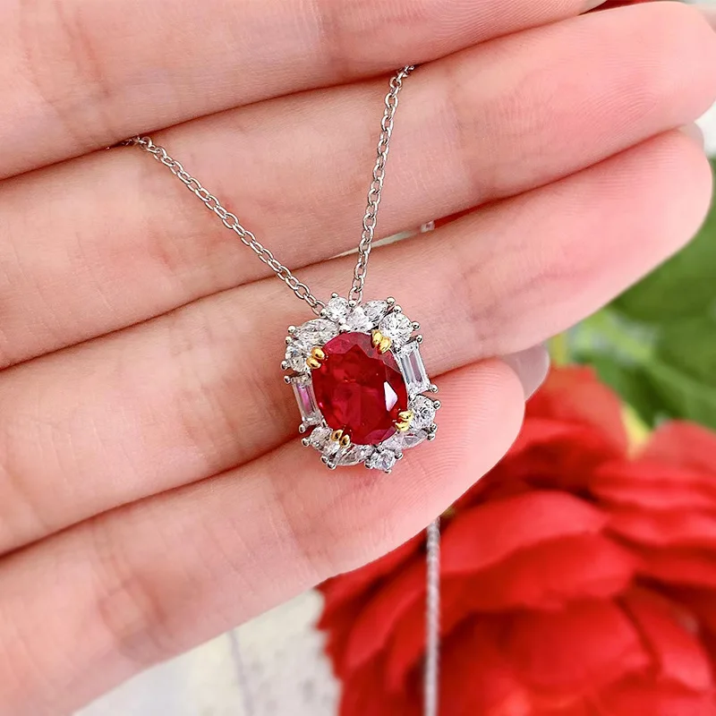 3ct Lab Grown Ruby Necklace For Wowen 925 Silver Plated 18k Gold Necklace