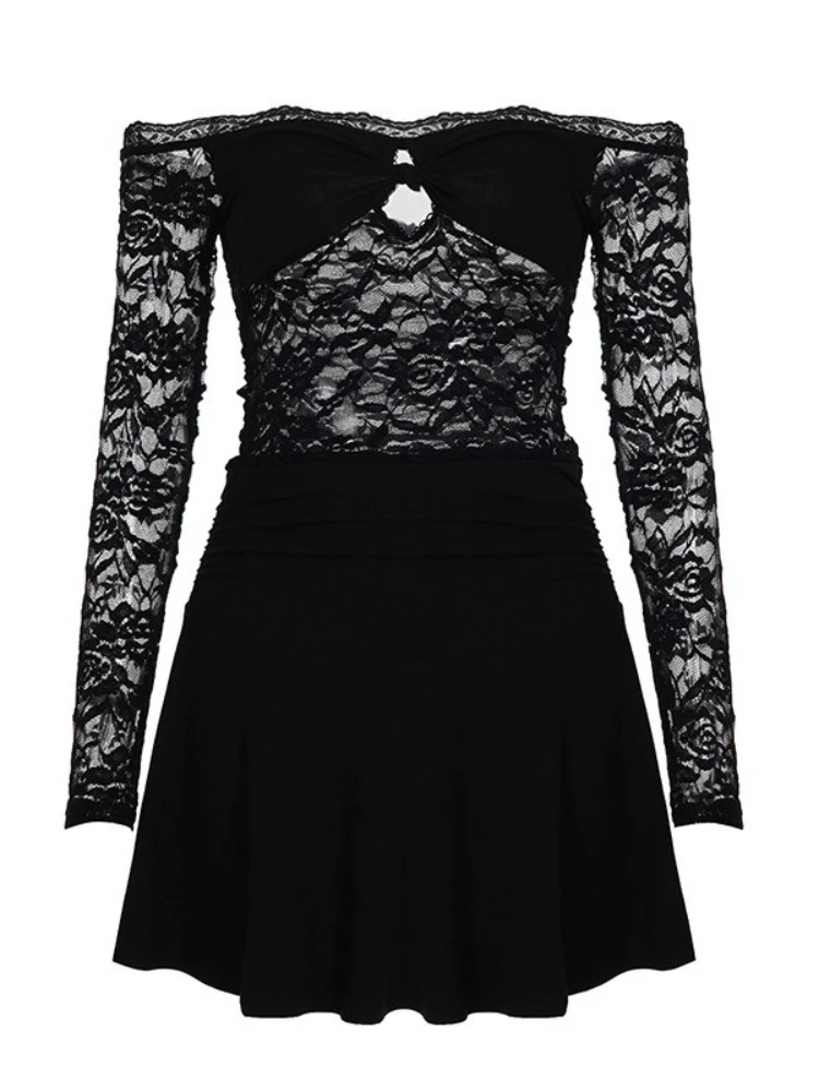 Foamlina Modna Sukienka Mini z Odkrytymi Ramionami, Seksowna, z Dekoltem typu Slash Neck, Długi Rękaw, Streetwear, Wycięcia, Dopasowana, Patchworkowa