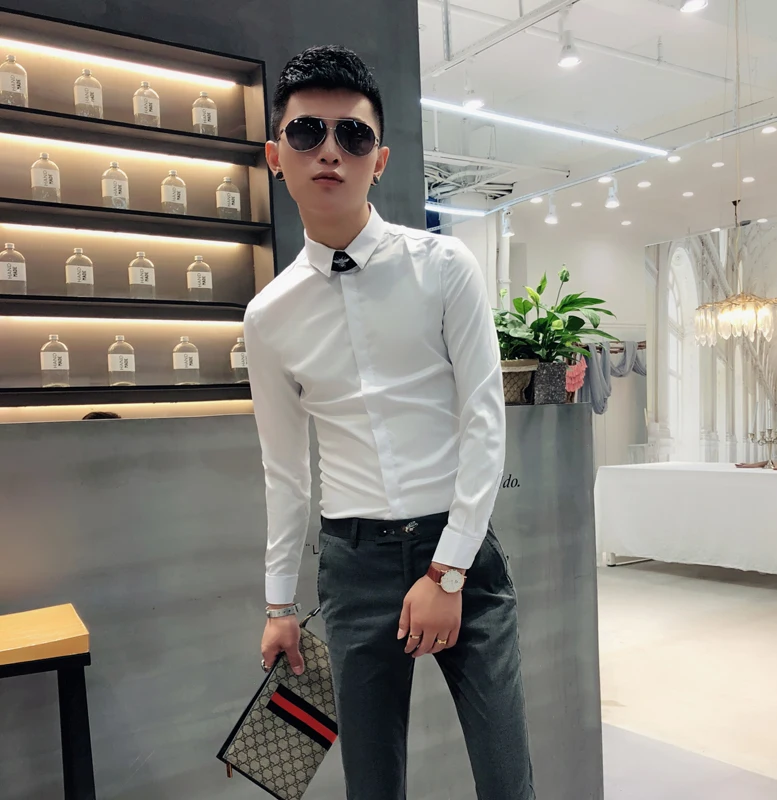 

Мужская рубашка Slim Fit с длинным рукавом, модная рубашка в корейском стиле для ночного клуба, весенняя модная универсальная цветная рубашка для стилистов