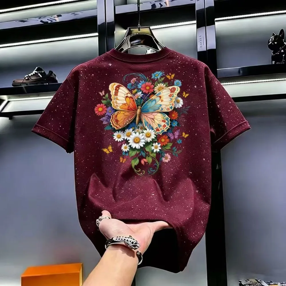 Retro Butterflies Flowers Pattern T-shirt, Casual Sequin T-shirt Summer New Style Unisex Casual Fashion Base-layer shirt