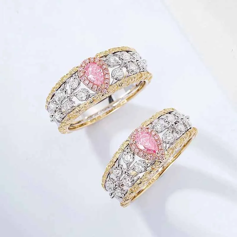 New S925 Silver Powder Diamond 3 * 5mm Pear Shaped Electric Divided Gold Ring for Daily Fashion and Minimalist Women